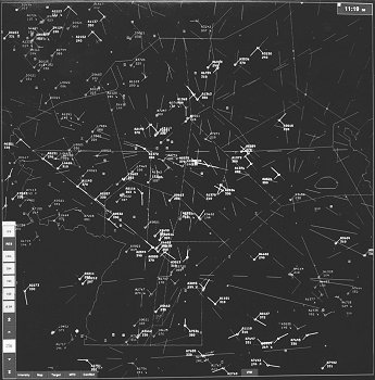 Simuliertes Radarbild eines Fluglotsenarbeitsplatzes